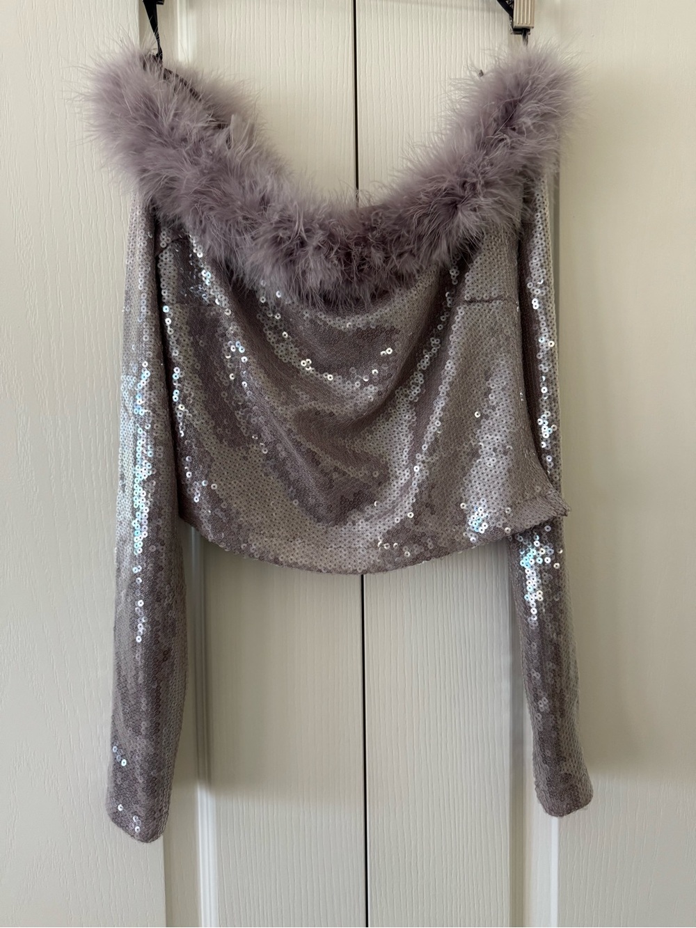 Forever 21 Mauve Sequin Feather Trim off the shoulders top